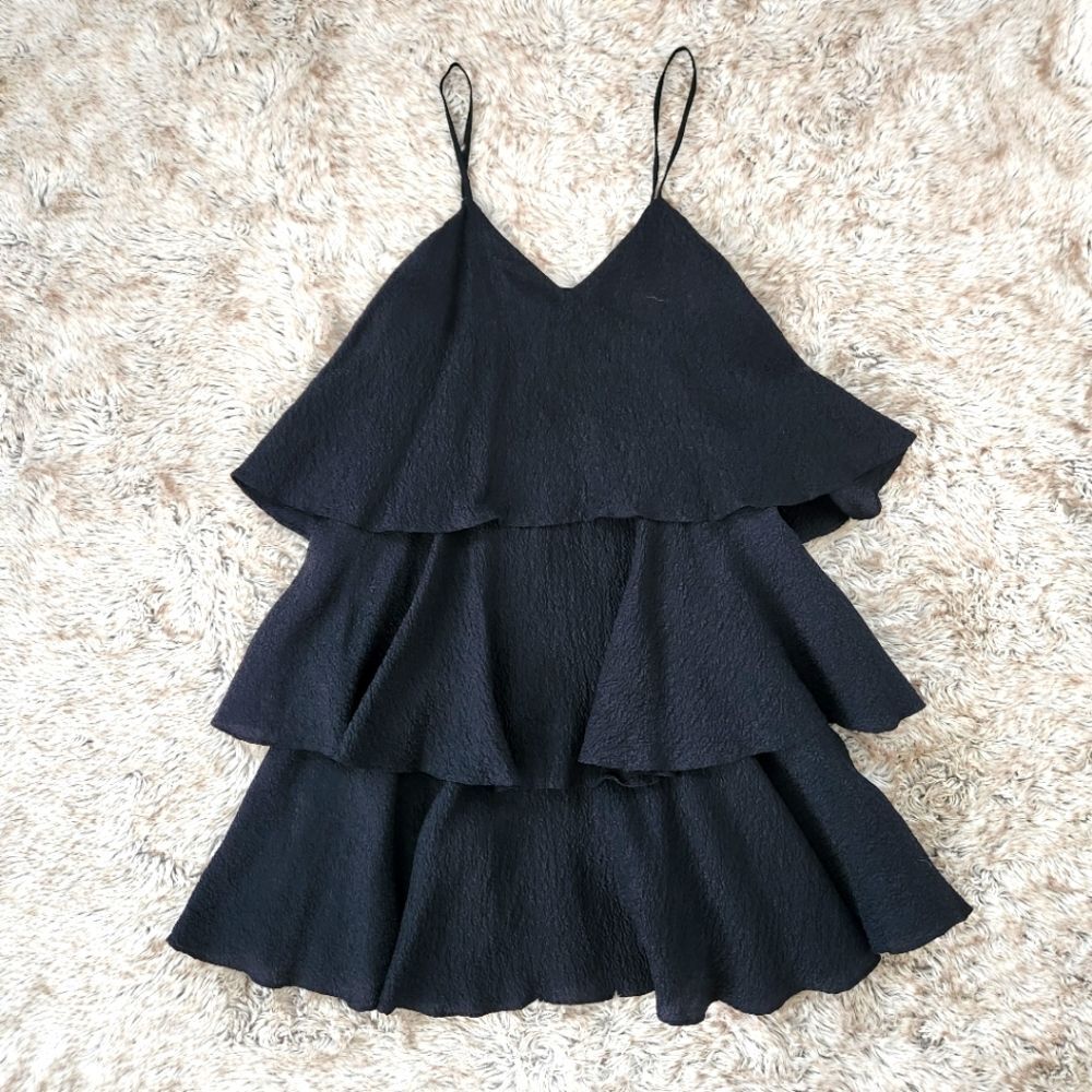 Paul & Joe Florenti Designer Tiered Silk Blend Cloqué Mini Dress Black Size 40